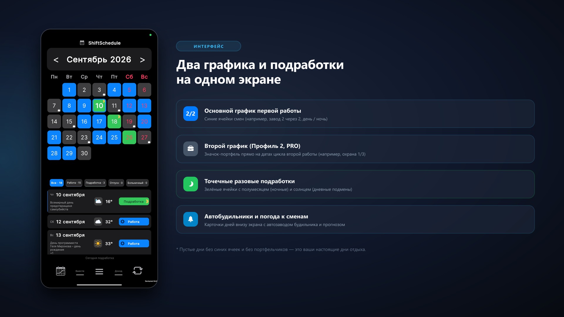Календарь ShiftSchedule с основным графиком 2/2 и значком подработки на дне