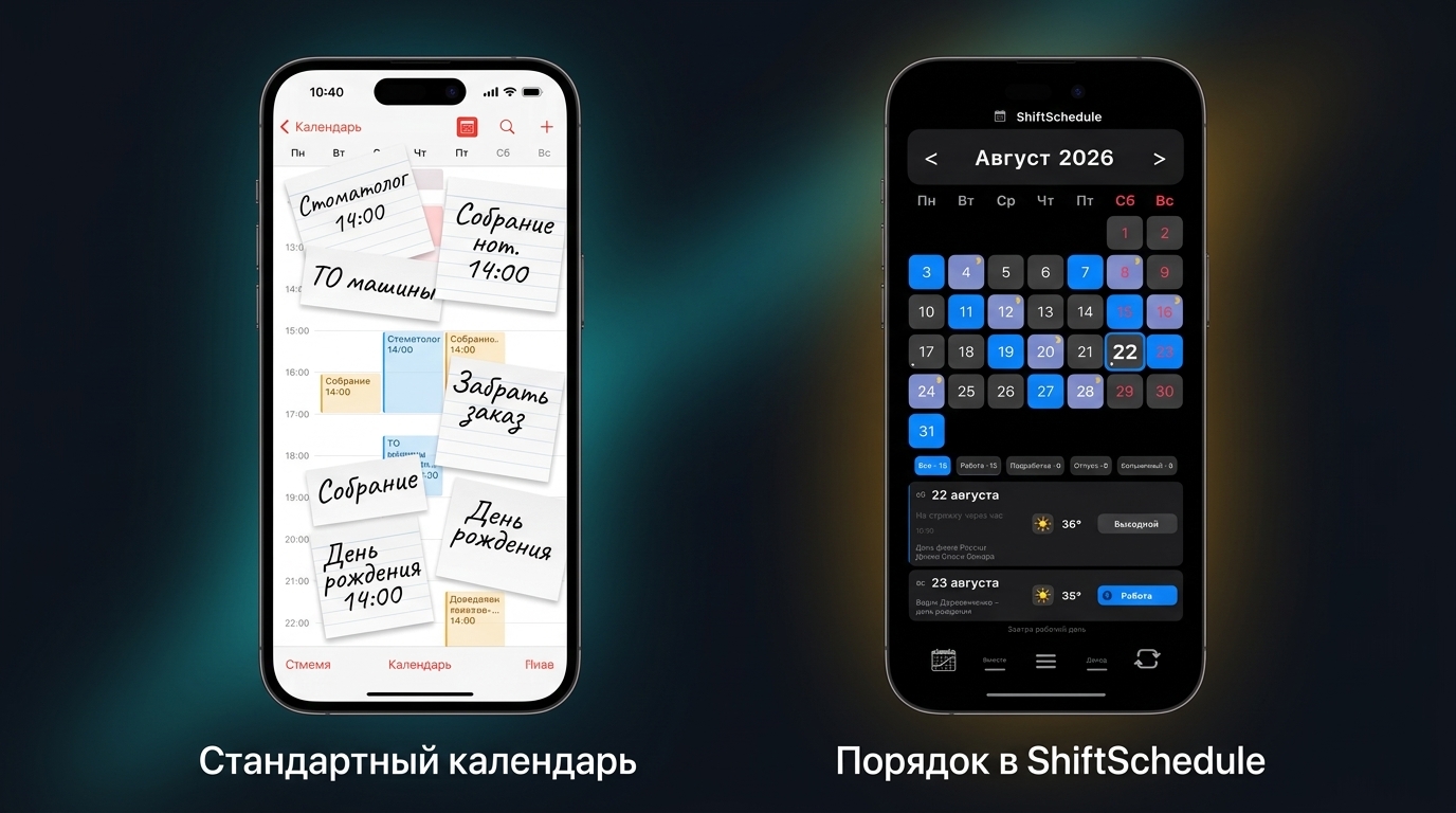 Сравнение: хаос в стандартном календаре против порядка в ShiftSchedule