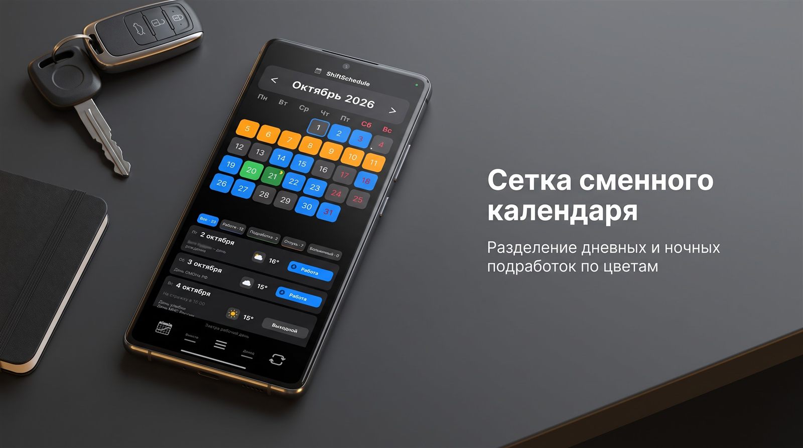 Разделение тонов дневной и ночной подработки в сетке календаря ShiftSchedule