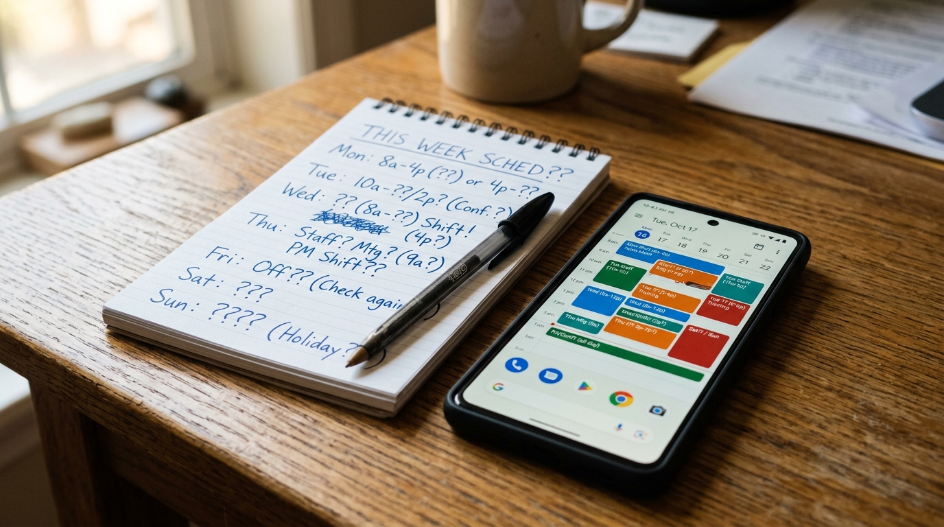 Скриншот стандартного календаря Google/Android, загроможденного повторяющимися событиями, которые сбились после первой же подмены