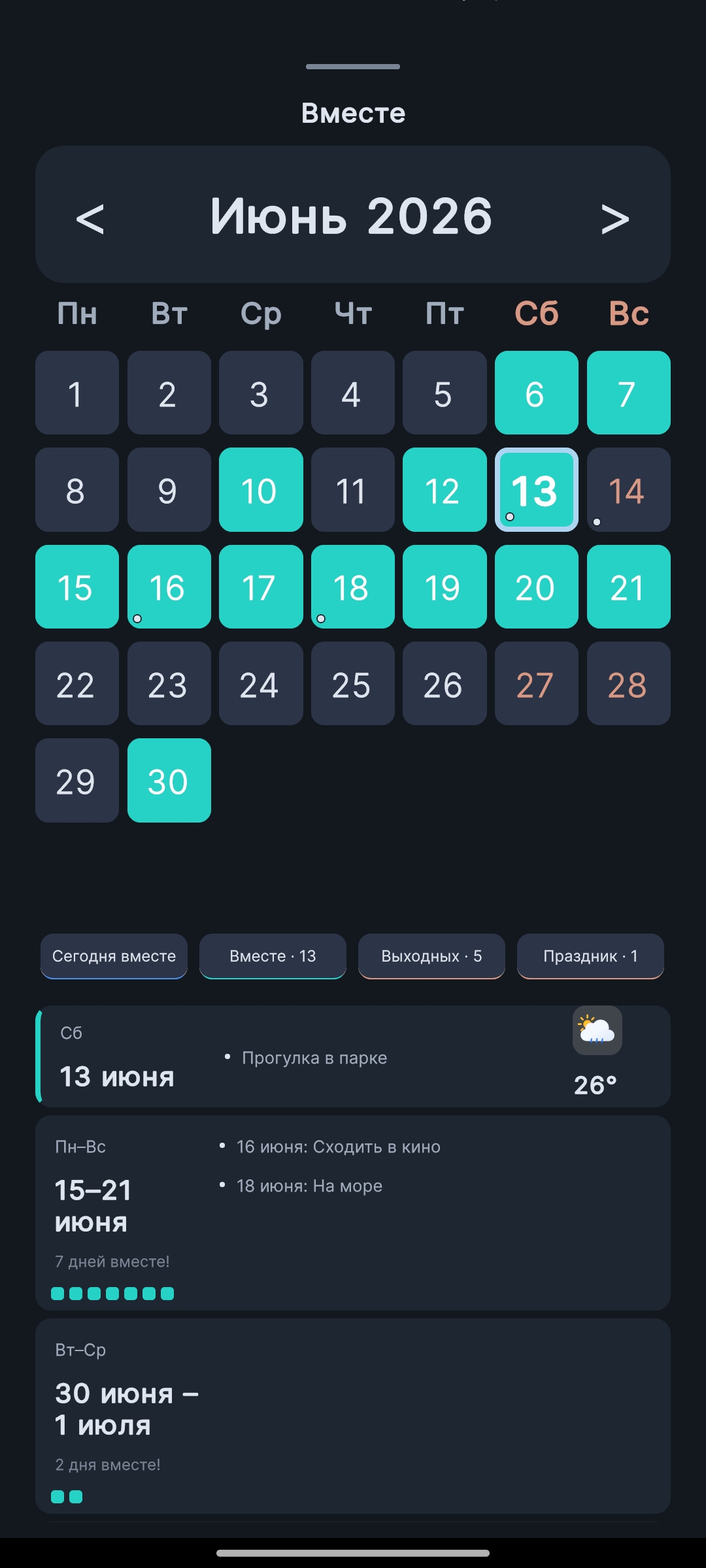 Вкладка Вместе в ShiftSchedule — общие выходные периодами
