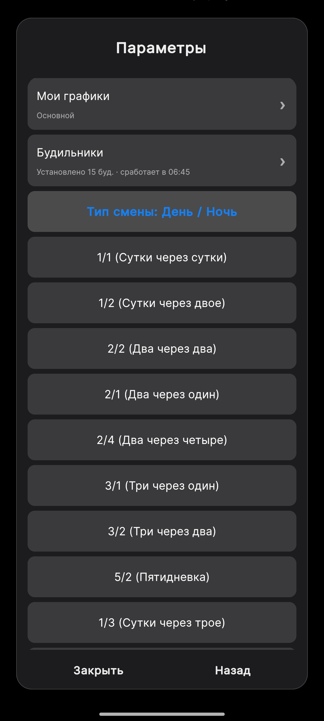 Список готовых пресетов графика